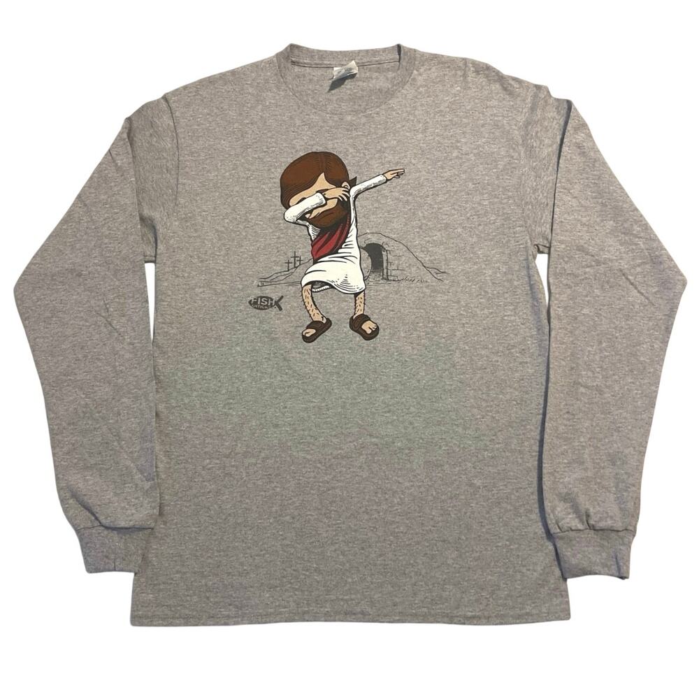 Fish Shticks Jesus Dabbing Tomb T-shirt Size M Gray Long Sleeve Religion Easter